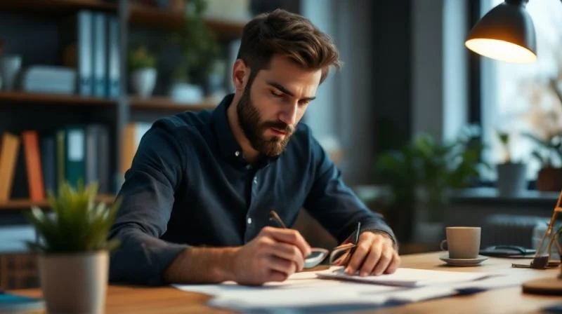 Mann liest Förderungsunterlagen am Küchentisch in Wuppertal