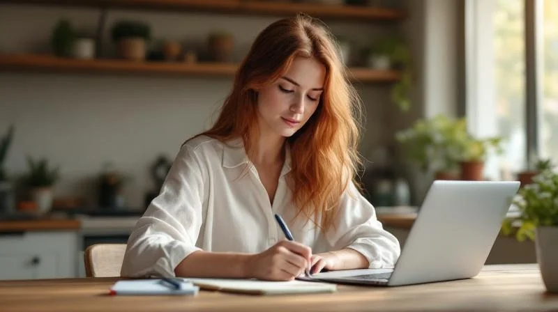 Frau recherchiert am Laptop Weiterbildungsmöglichkeiten in einem Wuppertaler Wohnzimmer