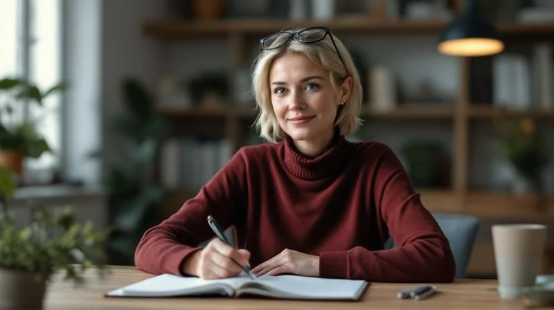 Frau studiert Unterlagen am Schreibtisch und macht Notizen für ihre Fortbildung in Wuppertal