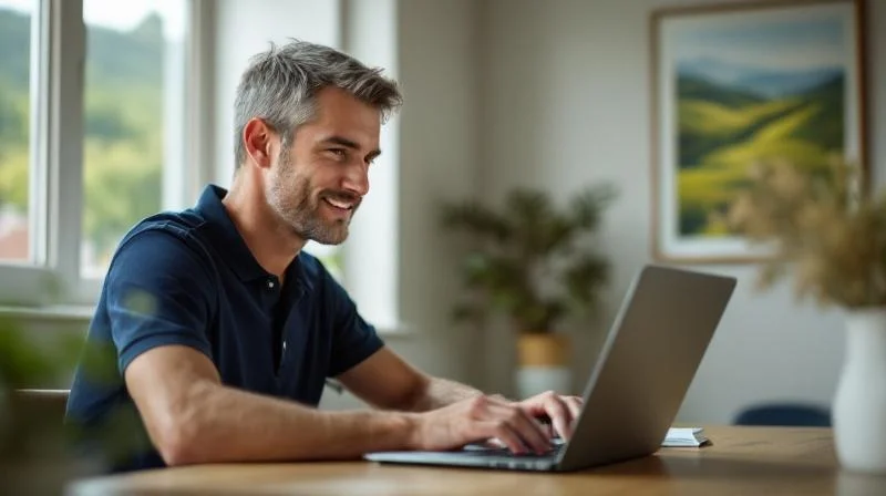 Mann lernt konzentriert am Laptop in einem hellen Wuppertaler Apartment