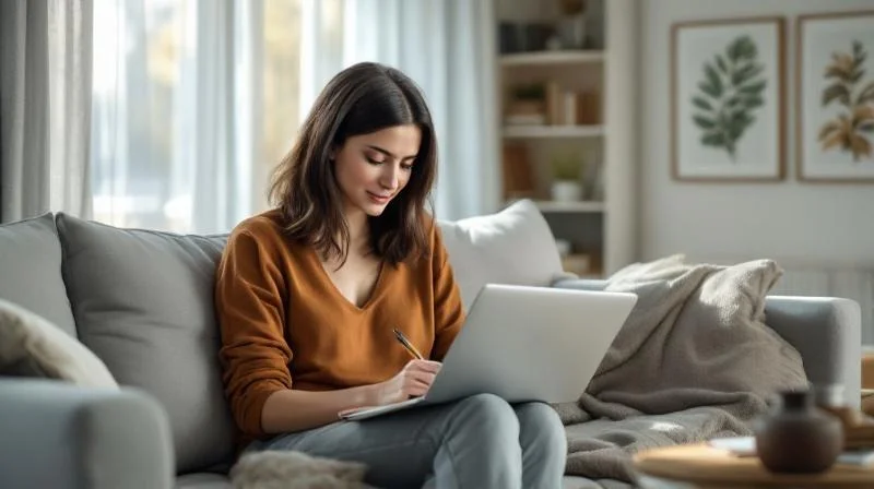 Frau lernt am Laptop in einem hellen Raum mit Blick auf Wuppertal